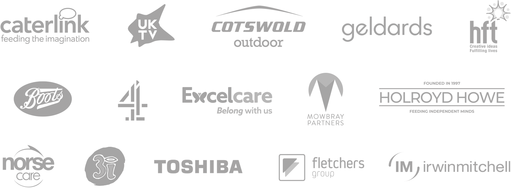 Caterlink, UKTV, Cotswold, Geldards, HFT, Boots, Channel 4, Excelcare, Mowbray Partners, Holroyd Howe, Norsecare, 3i, Toshiba, Fletchers Group, Irwin Mitchell